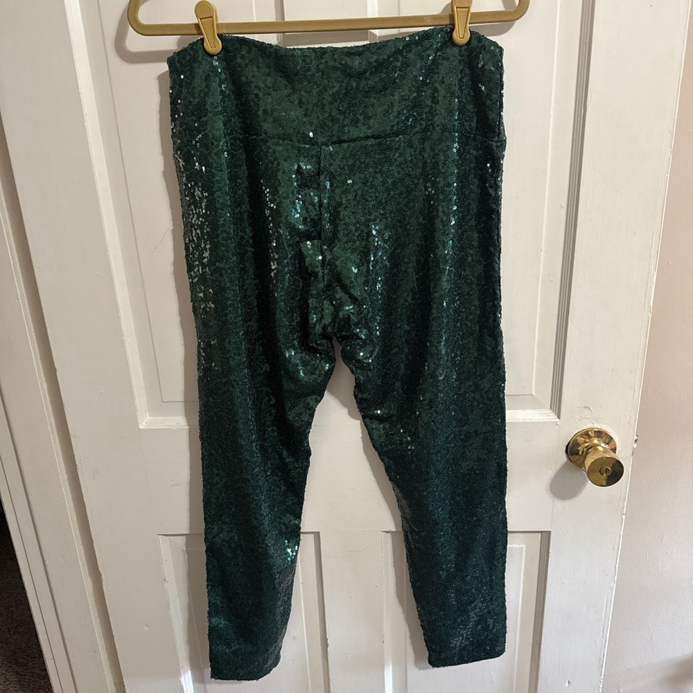 High Waisted Dark Green Sequin Fully Lined Pants Size XL - Picture 3 of 6